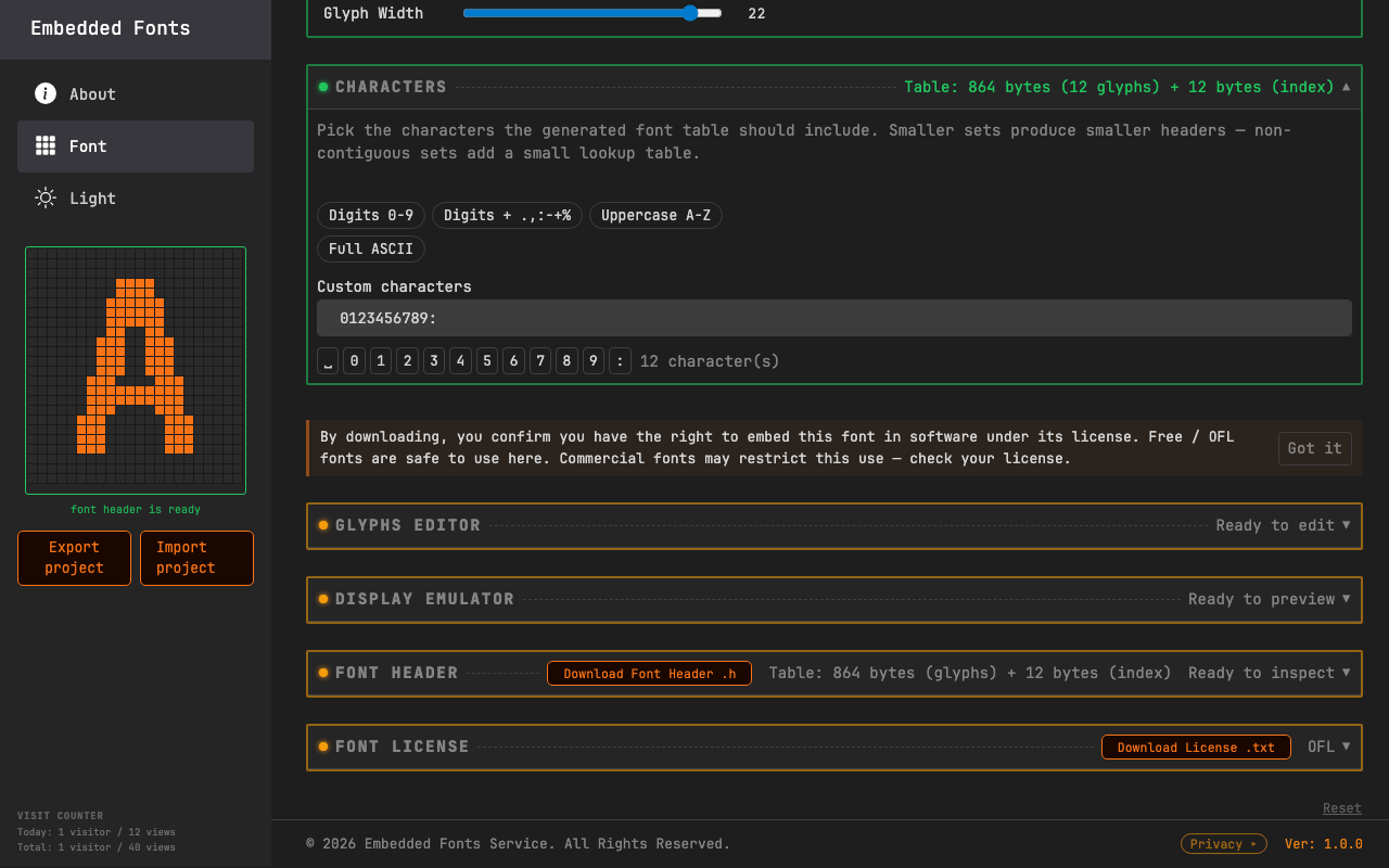 SSD1306 OLED 128x32 display emulator rendering a custom clock bitmap font generated from JetBrains Mono Bold